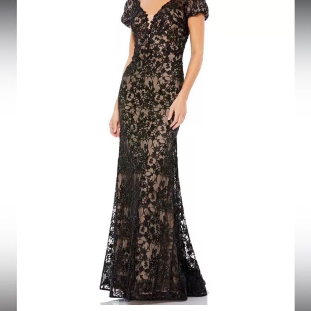 NEW MAC DUGGAL LACE PLUNGE NECK SHORT PUFF SLEEVE TRUMPET GOWN Sz 12 $698 - Picture 4 of 4